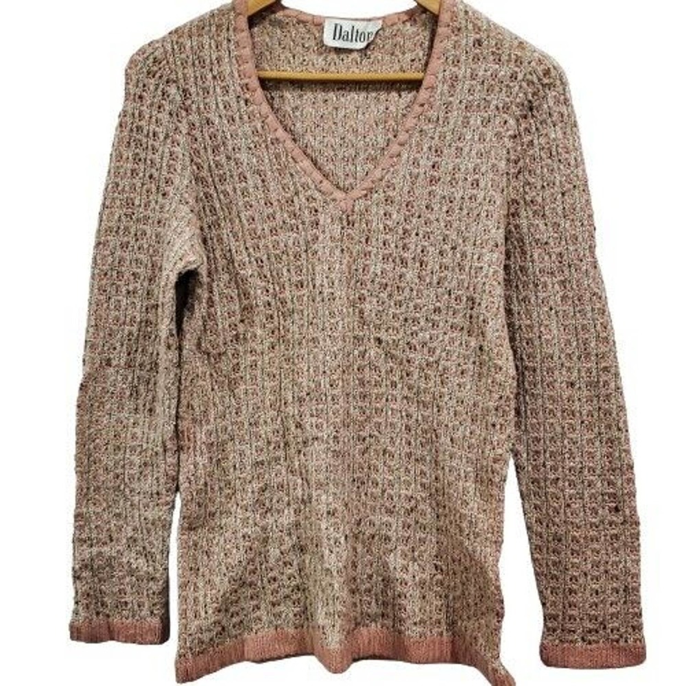 Vintage 70's Dalton Pink White V-Neck Pullover Knit Sweater Size Small